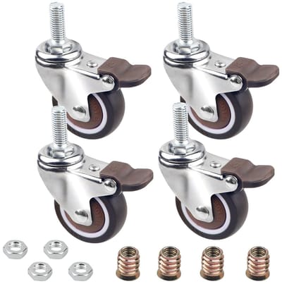 Set van 4 Zwenkwielen 50 mm met Rem, TPE Materiaal, M10 x 25 mm Draad, Geschikt voor Meubels en Kleine Apparaten, Totale Draagkracht 108 kg