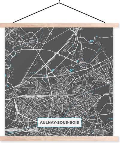 Posterhanger incl. Poster 40x40 cm - Schoolplaat - Plattegrond - Stadskaart - Kaart - Frankrijk - Aulnay-sous-Bois - Textielposter - Blanke latten - Stadskaart