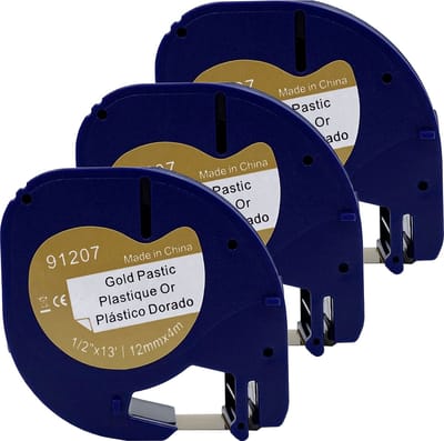 DULA - Dymo LetraTag 91207 - S0721612 - Label Tape - Zwart op Goud plastic - 12mm x 4m - 3 Stuks