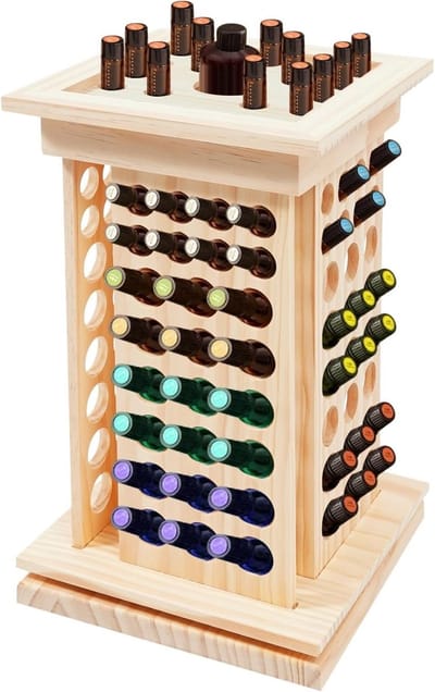 Houten plank voor het opslaan van etherische oliën, 23,5 x 23,5 x 41 cm, met 125 gaten voor flessen en perfecte presentatie