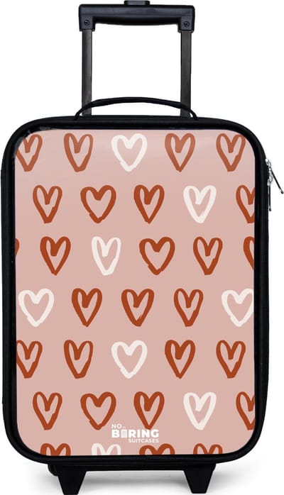 NoBoringSuitcases.com® - Kinderkoffer jongen - Kindertrolley meisje - Hartjes patroon in roze en wit - Koffer kind lichtgewicht - Reiskoffer trolley voor kinderen - Koffertje met lichtgevende wieltjes - Rolkoffer zwart
