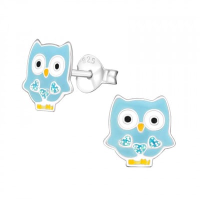 Zilveren oorstekers - oorbellen kinderen - blauw uiltje design