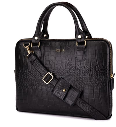 Solier FL26 Alcamo - Laptoptas Dames - Echt Leer - 13,3 Inch Laptopvak - Schouderriem - Zwart Slangenstructuur