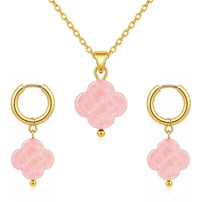 Bixorp Rozenkwarts Klavertje Vier Ketting + Oorbellen set - Stainless Steel Goudkleurig - Geluksklaver Bundel - Chakra Oorhangers + Schakelketting