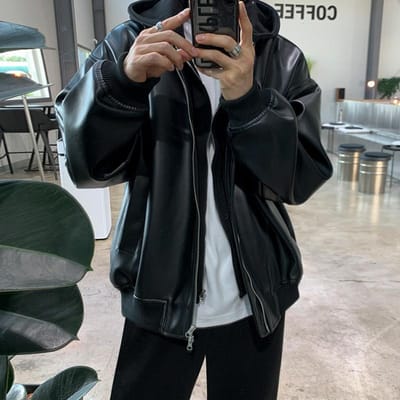 Leren Jas Heren Nieuwe Fake Tweedelige Jas met Capuchon Koreaanse Stijl Losse Trendy Merk Werkkleding Leren Jas M