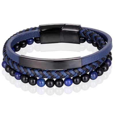 Heren armband Memphis Tijgeroog kraal gevlochten leer Zwart Blauw - 19cm