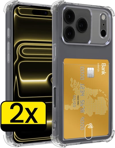 Hoesje - 2 Stuks - Geschikt voor Apple iPhone 17 Pro - Met Pashouder en Kaarthouder - Telefoon Hoes Shockproof - Siliconen Case - Back Cover - Shock Proof - Pasjes Houder - Telefoonhoesjes - Transparant