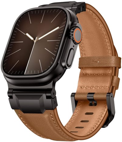 Luxe leren bandje - geschikt voor Apple Watch series 1/2/3/4/5/6/7/8/9/10/11/ SE (1,2,3) / Ultra (1,2,3) met maat 44 mm / 45 mm / 46 mm / 49 mm - nappa leer met zwarte gesp - lichtbruin