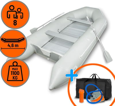 EBERTH Opblaasbare Visboot/Railboot, gemaakt van robuust PVC voor buitenboordmotoren, 8 personen, 4,60m x 1,90m, met 2 zitbanken, 2 peddels, aluminium vloer, reparatieset, pomp, draagtas, tot 1100 kg