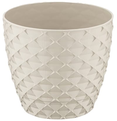3+2 - Bloempotten - rond crème met afwatering en wateropvang - 5 ronde beige sierpotten
