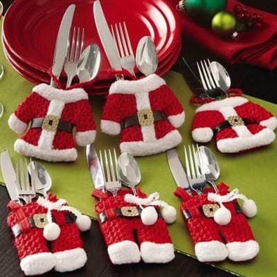 Chaussettes de noël,Couverts en argenterie décor de Table de noël 6 pièces, costume de père noël de poche poches à vaisselle, sac