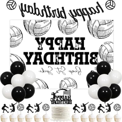 Verjaardagsdecoraties voor Volleybalfeest - Achtergrond, Banner, Ballonnen en Taartdecoratie in Zwart-Wit Thema voor Sportliefhebbers
