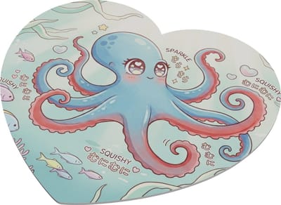 Muismat Hartvormig Kawaii Octopus Inktvis – Squishy Sparkle Japanse Tekst – Onderwater Wereld Oceaan – Schattig Zeedier Cadeau voor haar: Vriendin & Collega – Gaming Muismat Blauw – Anime Stijl Hart – Octopus Illustratie