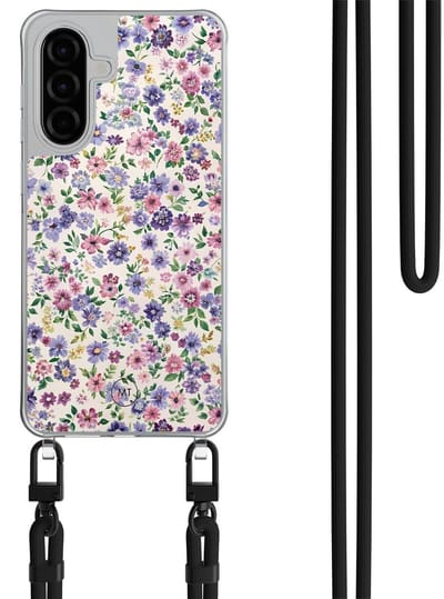 Hoesje met koord geschikt voor Samsung Galaxy A26 - Paarse bloemen - Inclusief Zwart koord - Crossbody beschermhoes - Transparant, Paars - Mooie Telefoonhoesjes
