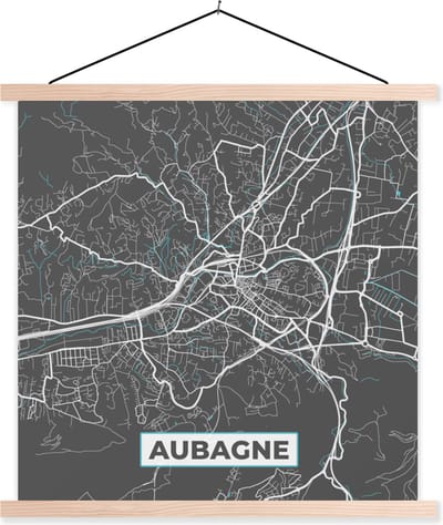 Posterhanger incl. Poster 40x40 cm - Schoolplaat - Aubagne - Frankrijk - Plattegrond - Stadskaart - Kaart - Textielposter - Blanke latten - Stadskaart