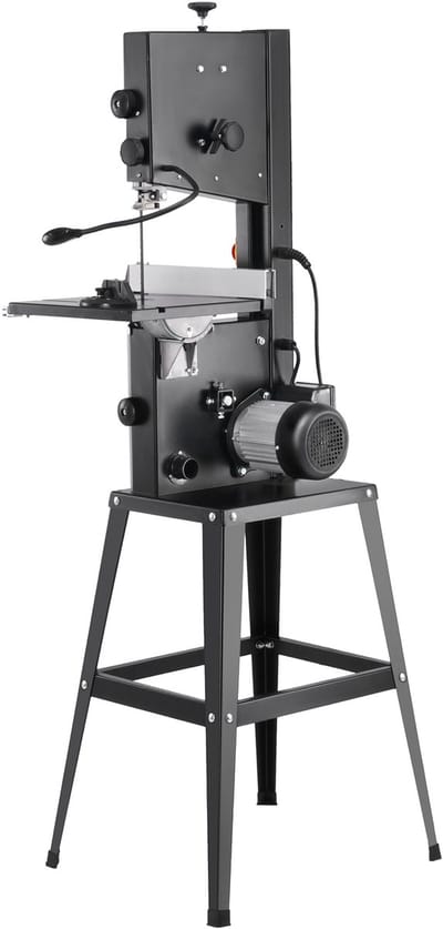 Inrichting van de lintzaag: zaagblad van 9,65 inch, instelbaar 506/920 tpm. Motor van 370 W zaagt hout, aluminium en kunststof. Wordt geleverd met standaard, aanslag en verstekgeleider.