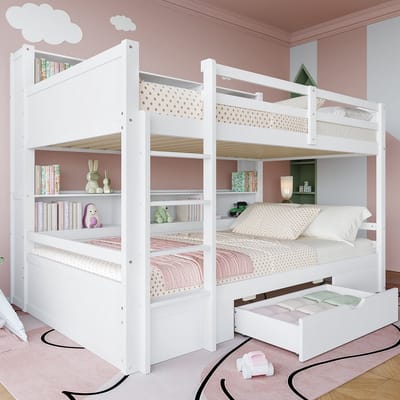 Stapelbed - 90x200 cm eenpersoonsbed - kinderbed met laden en opbergruimte - zonder matras - wit