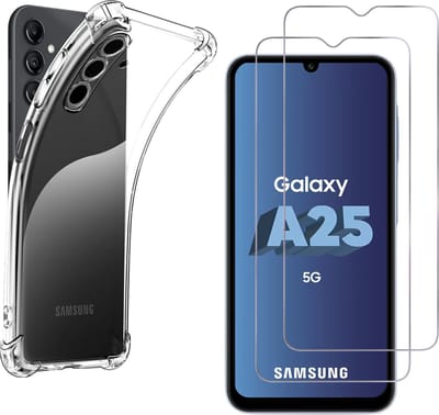 Hoesje voor Samsung Galaxy A25 5G backcover Shockproof siliconen Transparant en 2 stuks Screenprotector Gehard Glas