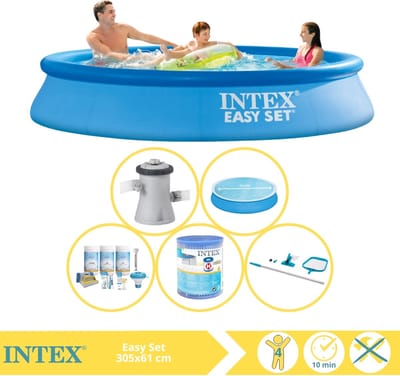Intex Rond Opblaasbaar Easy Set Zwembad - 305 x 61 cm - Blauw - Inclusief Pomp - Solarzeil - Onderhoudspakket - Filter - Schoonmaakset - 6-delig