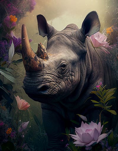 AI - Woondecoratie - Poster - Dieren - Neushoorn - Bloemen en jungle - 45 - 30 x 40 cm