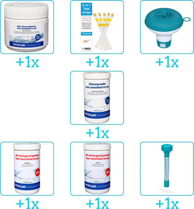 Zwembad Onderhoudspakket - Onderhoud Zwembad - bevat Chloor - Testrips - Chloordrijver - Chloor - PH-min - PH-plus en Thermometer (7-delig)