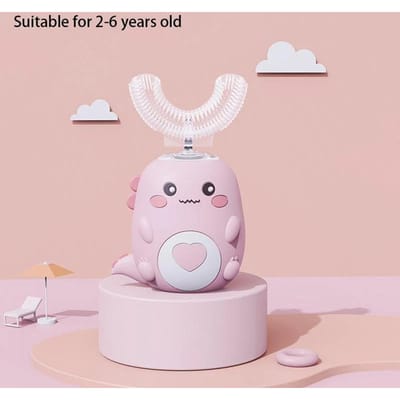 Brosse à dents électrique en forme de U pour enfants, brosse à dents en Silicone, dessin animé, nettoyage des dents, soins buccaux rose