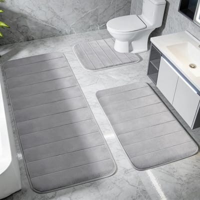 Badmat Set - Badkamer Tapijt - Droge Vloer - Traagschuim Comfort - 3 Delig - Lichtgrijs