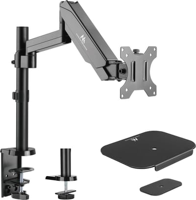 Maclean - Set van Monitorstandaard met gasveer - 17 "-32" dubbele arm 8 kg en Tafelbladversteviging voor monitortafel