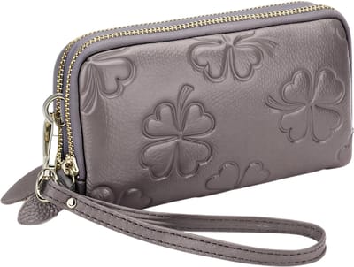 Kunstleer Dames Lange Portemonnee met Dubbele Rits – Klavertje Vier Kaarthouder Luxe Clutch – Grijs – Leuke Geldzak met Ruimte voor Pasjes, Telefoon en Contant Geld voor Dagelijks Gebruik