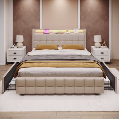 KOMHTOM Tweepersoonsbed 160x200 cm Bed met laden USB-oplaadbaar Hoofdbord en LED-verlichting en 4 laden Opbergbedden Beige