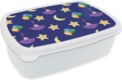 Broodtrommel Wit - Lunchbox - Brooddoos - Sterren - Patronen - Paraplu - Geboorte - 18x12x6 cm - Volwassenen