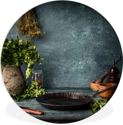 WallCircle® Wandcirkel 140x140 cm - Muurcirkel Kruiden - Specerijen - Pan - Mes - Grijs - Rustiek - Muurdecoratie woonkamer - Wanddecoratie slaapkamer - Kamer decoratie accessoires - Ronde schilderijen