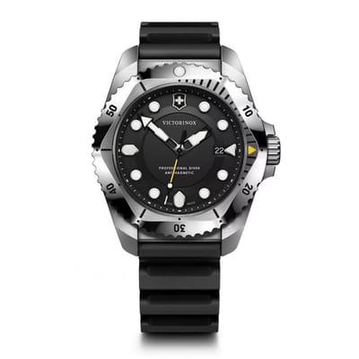 VICTORINOX DIVE PRO Roestvrijstalen Kast Zwart Zwart Rubber Kwarts Merk Zwart 241990 Herenhorloge, (316L), Wijzerplaat, Band, Uurwerk, Waterdicht, Analoog, black