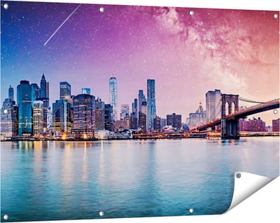Gards Tuinposter New York Skyline met een Kleurrijke Hemel - 120x80 cm - Tuindoek - Tuindecoratie - Wanddecoratie buiten - Tuinschilderij