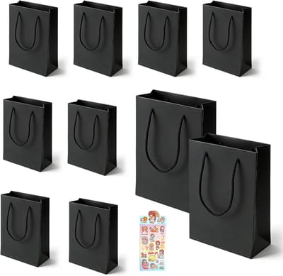 SnelShoppen - 10 stuks zwarte papieren geschenkzakjes met handvat, herbruikbare kraft papieren zakken voor cadeau, verjaardag, bruiloft, feest, 15 x 6