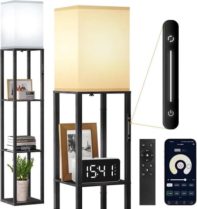 Dimbare Staande Lamp met Plank en Afstandsbediening - Houten Vloerlamp voor Woonkamer, Slaapkamer en Kantoor