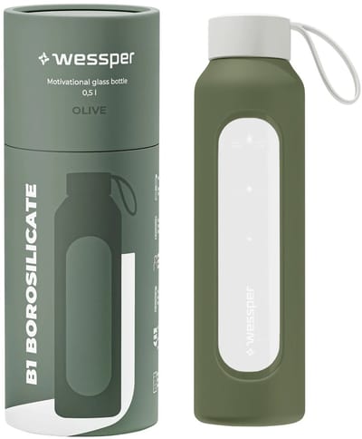 Glazen Motivatiefles 500ml – Duurzame Waterfles in Olijfgroen
