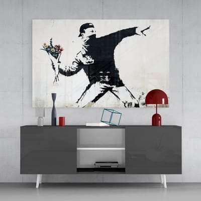 Glasschilderij - Banksy protest - Graffiti - Wanddecoratie - 72x46 cm - 4mm