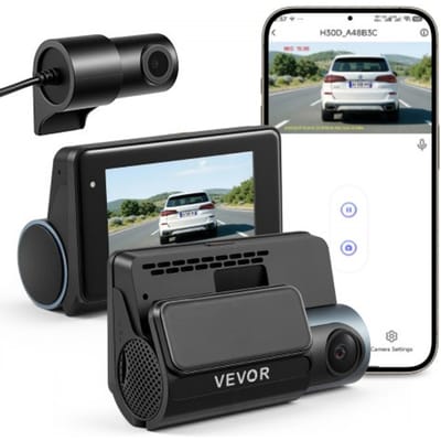 VEVOR 4K Dashcam voor auto, voor- en achterkant, 1080p dubbele autocamera met geïntegreerde GPS en G-sensor, wifi-appbediening, 3 inch scherm, 123° + 125° groothoek, loopopname, parkeermodus, zwart