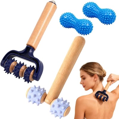 4-delige massage roller set met handvat: draagbare houten massage roller met egeltjesbal, voor spierontspanning, fascia-rol, multifunctioneel voor sport en dagelijks gebruik