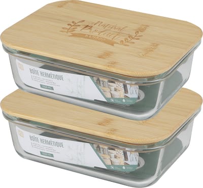 Bambou & Co Voedsel bewaarbakje/vershoudbakje - 2x - bamboe deksel - 1500 ml - ovenbestendig glas - 22 x 17 x 7 cm