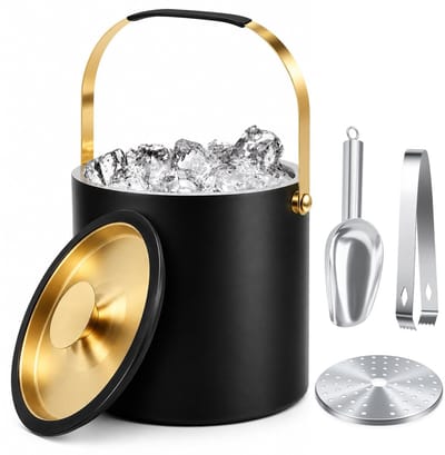 Dailygoods- IJsemmer Dubbelwandig - Roestvrij Staal - 3,2 l - Met Deksel - Inclusief Tangen en Zeef - Ideaal voor Bier/Wijn - Drankemmer