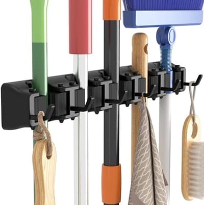 Dweil en Bezemhouder Wandbevestiging, Antislip Bezemhanger voor Keuken, Robuuste Schoonmaak Organizer, Eenvoudig Installeren Gereedschap Organizer voor Kast, Garage, 5 Sleuven 6 Haken, Zwart