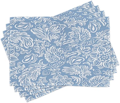 ABAKUHAUS Feniks-placematten, Barokke heilige vogel in rococo-stijl, blad-damastdruk, tafeldecoratie van kleurvaste stoffen voor eetkamer en keuken, zacht azuurblauw-wit