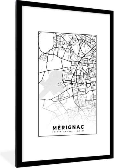 Fotolijst incl. Poster Zwart Wit- Mérignac - Frankrijk - Plattegrond - Stadskaart - Kaart - Zwart wit - 80x120 cm - Posterlijst