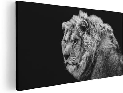 Artaza Canvas Schilderij Leeuw - 40x20 cm - Klein - Wanddecoratie Dieren - Muurdecoratie Dierenkop - Schilderijen Zwart Wit