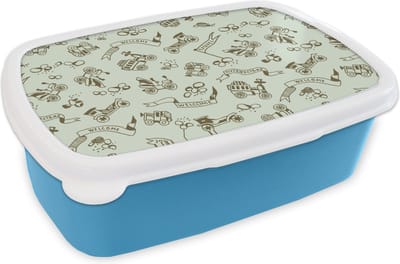 Broodtrommel Blauw - Lunchbox - Brooddoos - Vintage - Auto - Oldtimer - Jongen - Patroon - 18x12x6 cm - Kinderen - Jongen