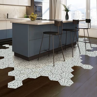 Antislip vloerstickers met beschermlaag - TERRAZZO CASTELLUZZO tegels - 40x90cm - 10 zeshoekige stickers 20x18cm