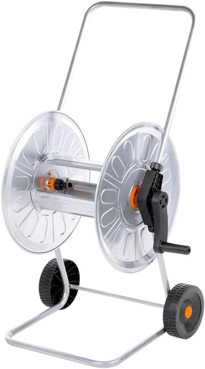 Tuinslangkar Staal - Slangenwagen Haspel - Slangen Opbergen - Schuine Aansluiting - 80 Meter - Zilver Zwart