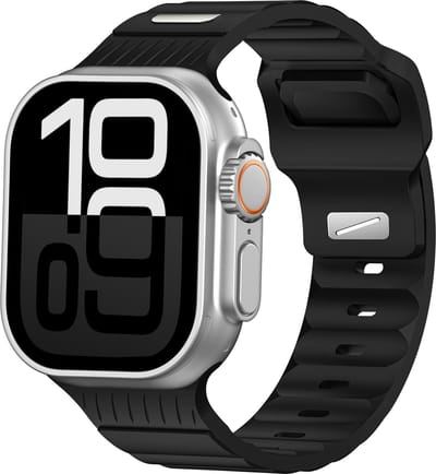 Stravo Siliconen Horlogeband met Armor-Style Look Geschikt voor Apple Watch 46mm (Series 10/11) / 45mm (Series 7/8/9) / 44mm (Series 4/5/6, SE 1/2/3) / 49mm (Ultra 1/2/3) – Extra Stevig Bandje van Liquid Silicone - Zwart